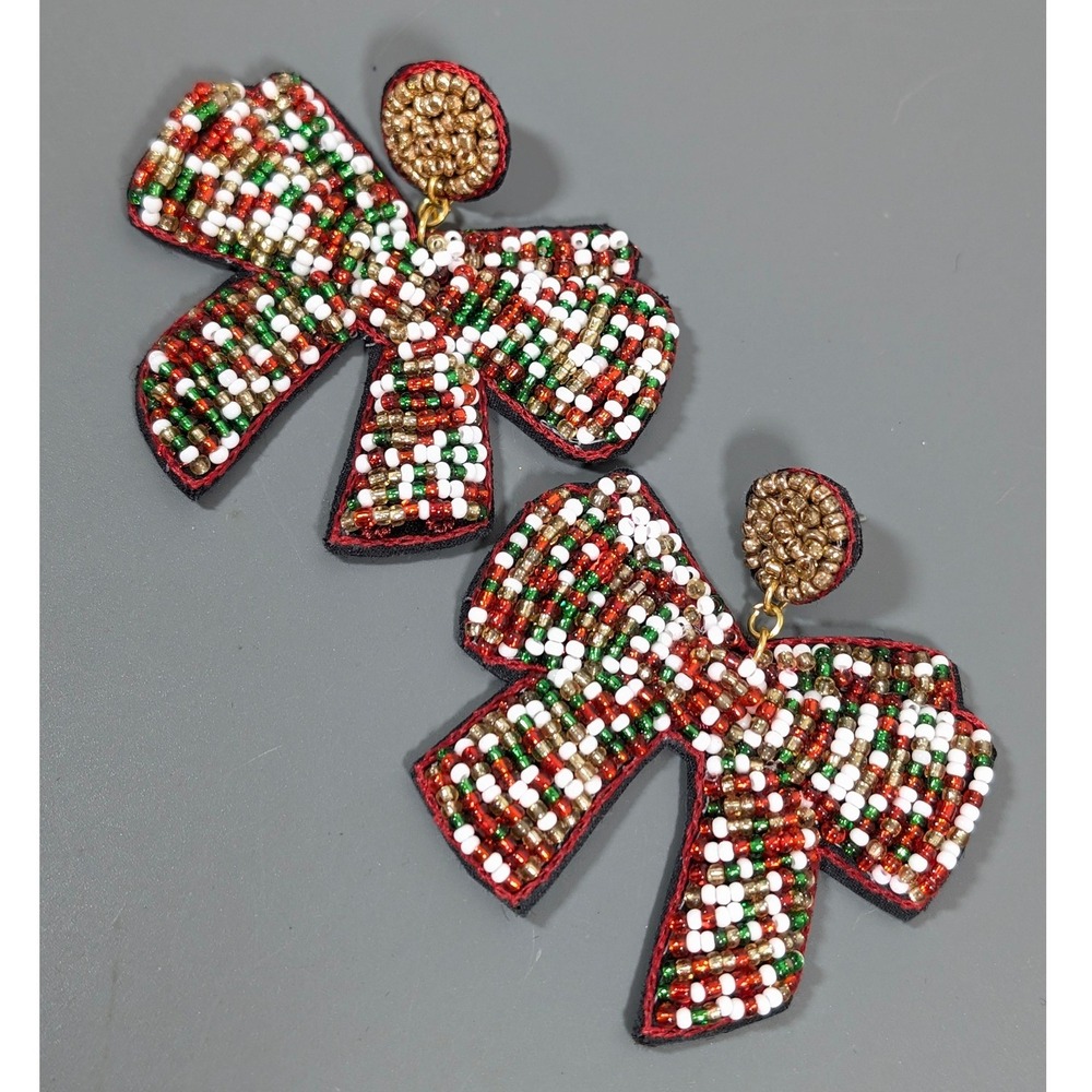 Christmas Bow Statement Earrings Red Green Beaded Holiday Dangle